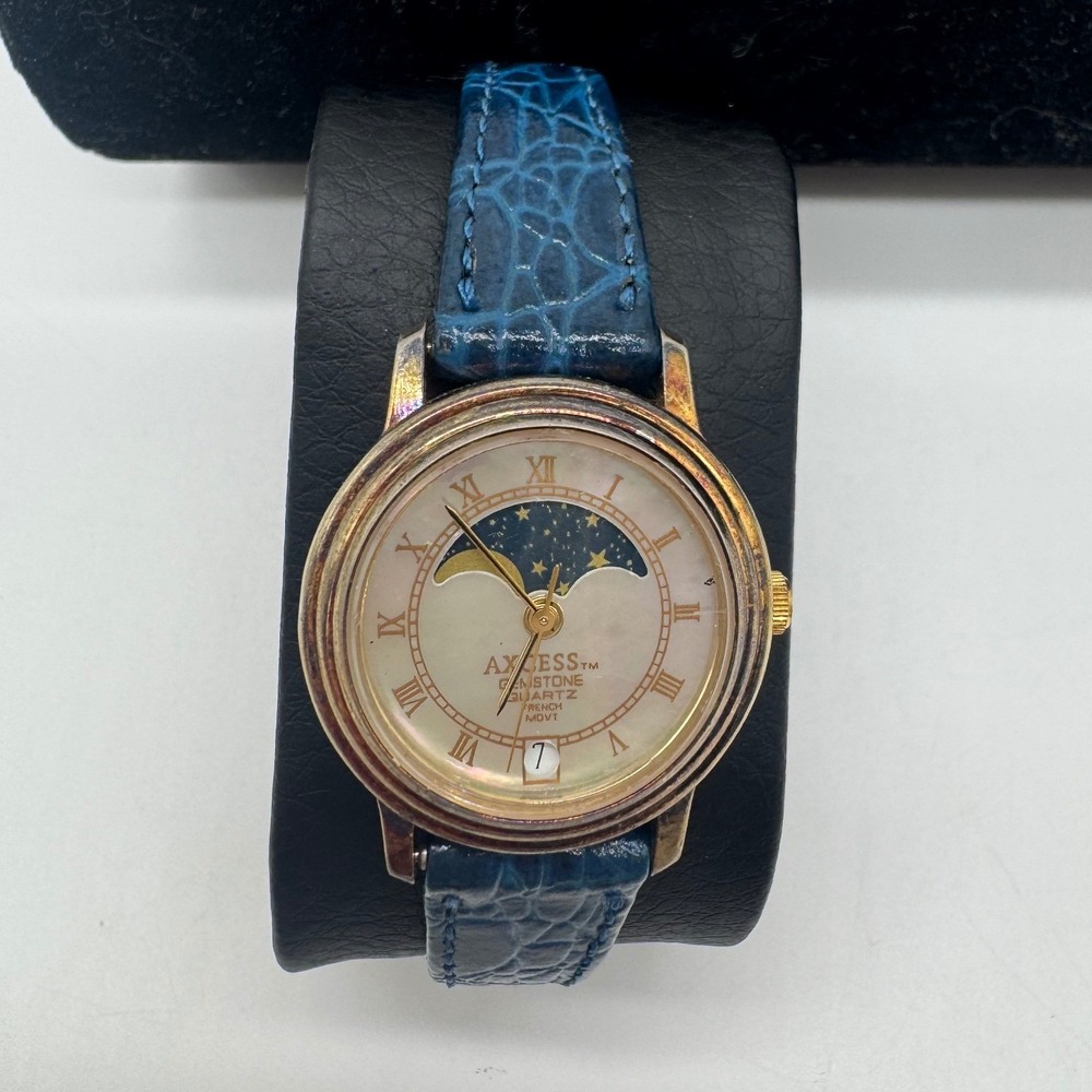 Axcess Gemstone Moon Phase Watch Blue Leather Strap Mother of Pearl parts